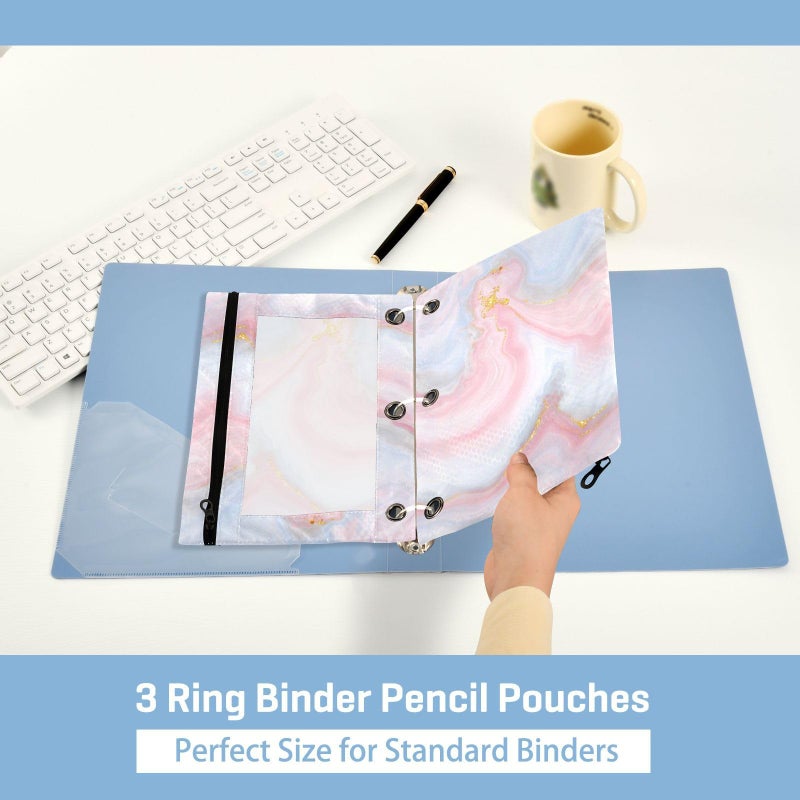 Kcldeci 3 Ring Pencil Pouch  Cute Pastel Unicorn Rainbow Glitter Marble 2 Packs Bulk Zipper Pencil Case Pencil Pouches with Clear Window for Storing School Office Supplies - Image 5